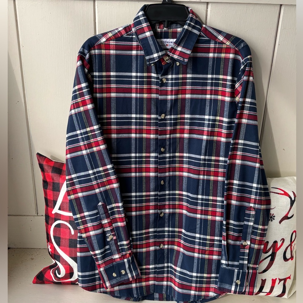 Mizzen+Main Redmond red, blue, and white plaid flannel shirt medium slim fit